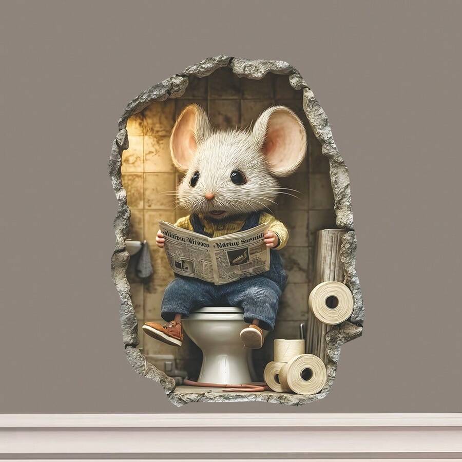 Mouse Reading Newspaper In Mouse Hole Sticker - Mouse Hole 3D Wall Decal, Kids Room, Classroom, Home, Bedroom, Livingroom, Bookcase - YT037 - View 1