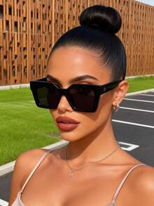 1pc Black Plastic Full Frame Geometric Classic Women Fashion Glasses For Summer Camping Driving School Outings Outdoor Casual Activities - Multicolor - View 2