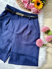 Women's Tailored Bermuda Shorts With Belt, Zipper, And Bag - 藏蓝色 - 查看 4