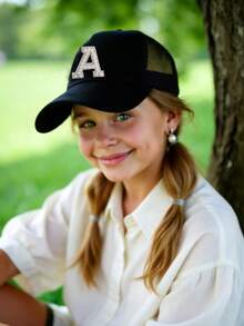 1PC Mesh Letter Embroidery Mesh Baseball Cap Boys Girls Outdoor Adjustable Casual Hats Boy Girl Travel Sunscreen Hat 8-14Y - Black - View 2