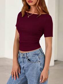 Fall New Arrival Women's Long-Sleeve Top Crop-Top Style Casual Outerwear Boat Neck With Bell Sleeves Ribbed Pleated Design Millennial-Inspired Fashion - Màu đỏ rượu vang - Xem 4