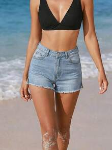 女式弹力个性时尚磨边牛仔短裤 - 淺色水洗藍 - 查看 4