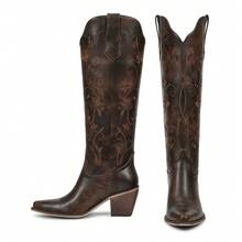 Womens Cowboy Boots Knee High Cowgirl Boots With Pointed Toe Chunky Heel Retro Vintage Floral Embroidered Pull On Tall Western Boot - 深棕色 - 查看 1