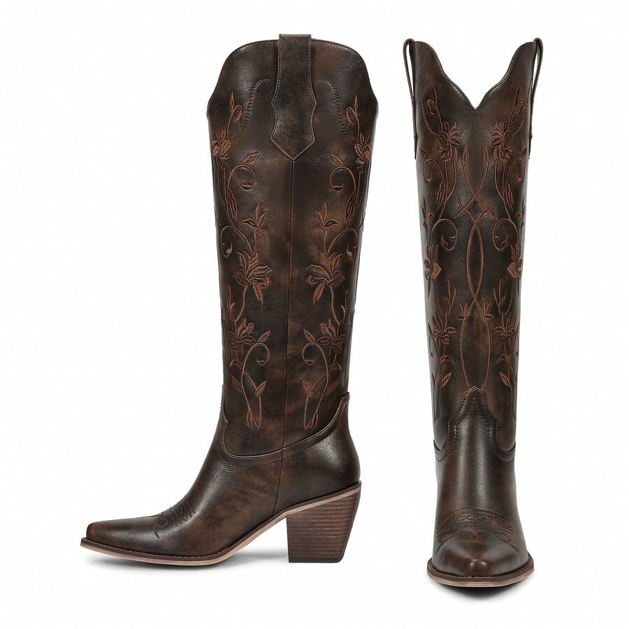 Womens Cowboy Boots Knee High Cowgirl Boots With Pointed Toe Chunky Heel Retro Vintage Floral Embroidered Pull On Tall Western Boot - 深棕色 - 查看 1