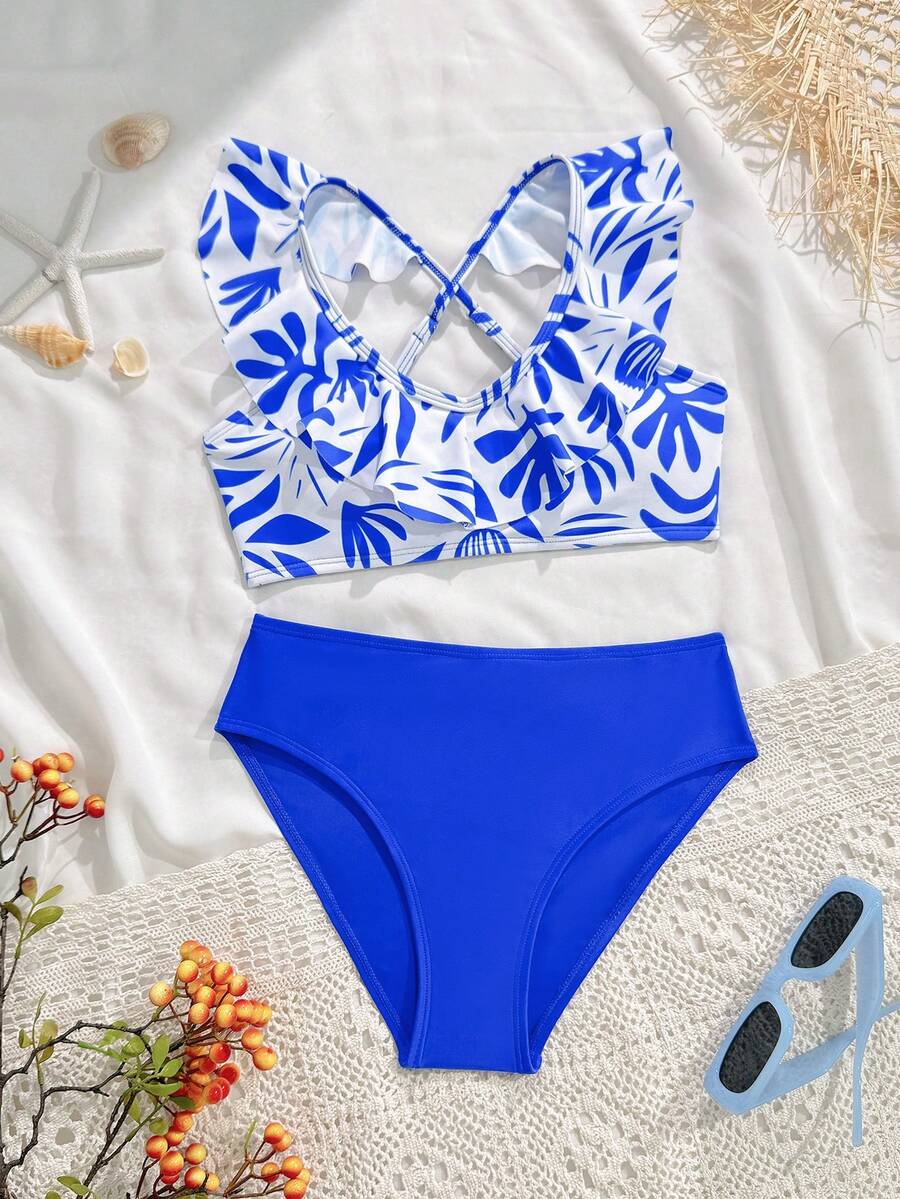 Bộ bikini hai mảnh in hoa xếp nếp dành cho bé gái tuổi teen, kiểu dáng thanh lịch, thời trang và tinh tế, phù hợp cho mùa hè, bơi lội và kỳ nghỉ biển. - Màu xanh lam - Xem 1