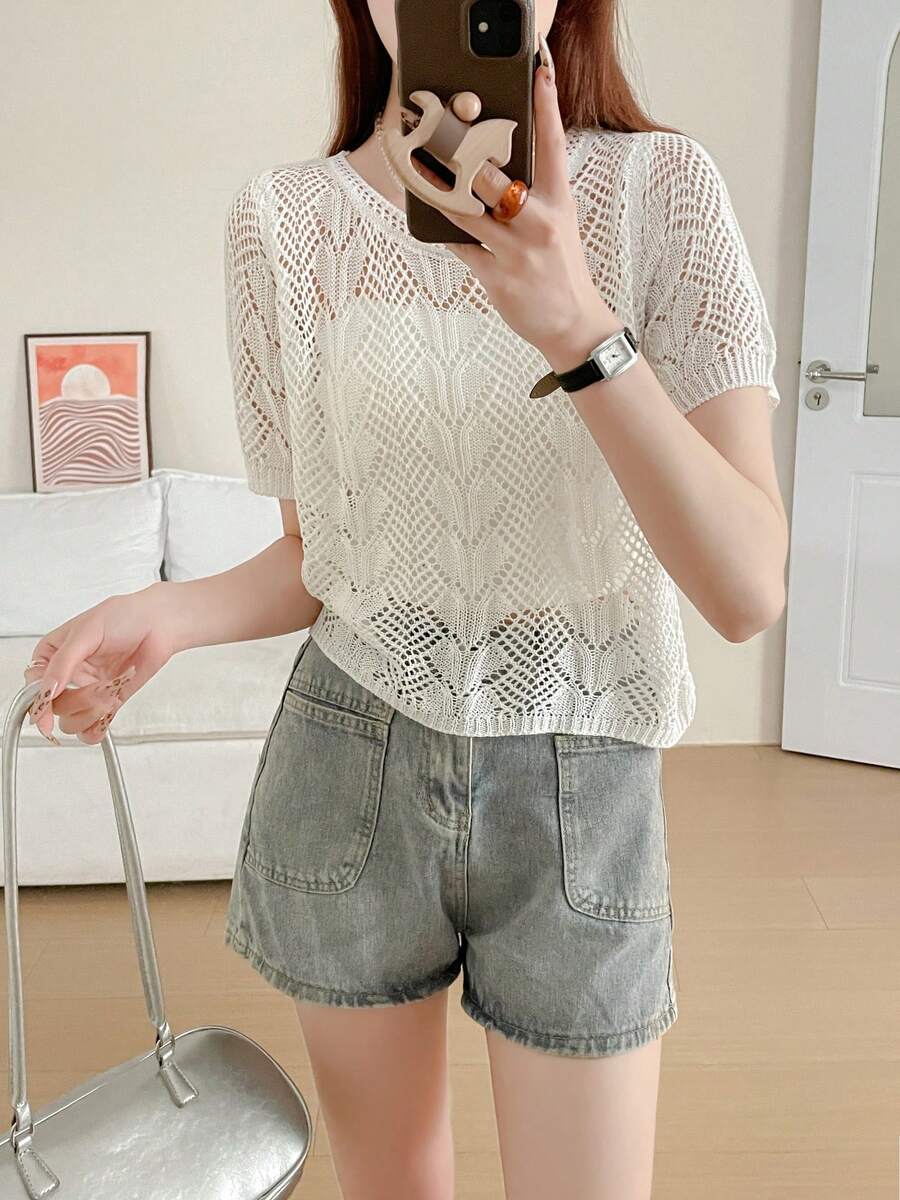 镂空针织短袖女式夏季宽松菱形图案短款罩衫,休闲防晒上衣 白色 - 白色 - 查看 1