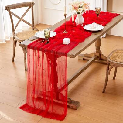 1 pieza Camino de mesa rojo | Tul de perlas hecho a mano, poliéster resistente a las arrugas, adecuado para el Día de San Valentín, bodas, perfecto para decoraciones de mesa
