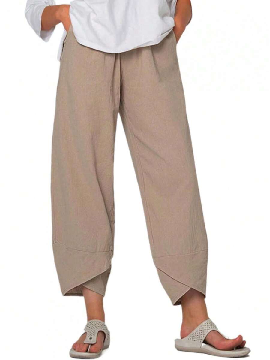 Women's Plus Size Elastic Waist Linen Blend Cropped Pants, Loose Wide Leg Hem Casual Trousers, Lightweight Comfortable Daily Vacation Lounge Pants For Women - Màu be - Xem 1