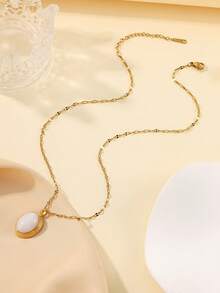 1件不锈钢复古金色项链，配棕色宝石吊坠，适合女士日常佩戴或作为礼物 - 金黃色 - 查看 3