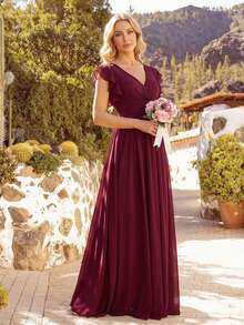 EVERPRETTY Vestido de dama de honor de gasa asimétrico con cuello en V fruncido, color vino tinto, adecuado para bodas, fiestas de cumpleaños, Día de San Valentín - Burdeos - Ver 10