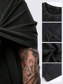 Casual Oversized Black Denim T-Shirt With YHWH Text Graphic Stylish Relaxed Fit Crew Neck Short Sleeve Fashion Top For Every Generation - 黑色 - 查看 3