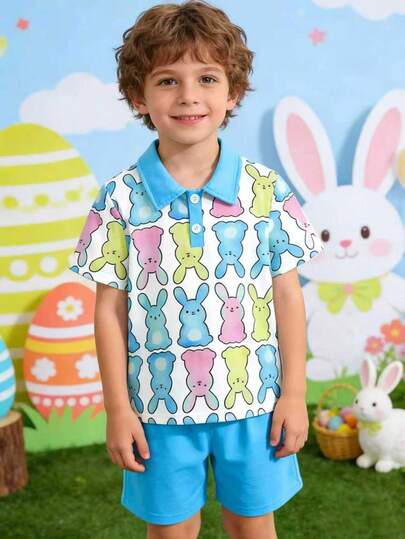 Ensemble 2 pièces énergique pour garçons de 4 à 7 ans, chemise polo à col boutonné imprimé lapin + shorts, polyvalent pour l'été, convient pour le parc, les rassemblements familiaux, les sports décontractés, les vacances
