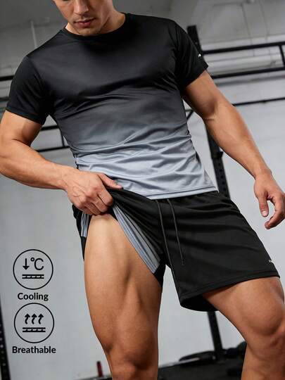 男士渐变色T恤和抽绳短裤套装（2件套），适合户外休闲和运动穿着，夏季服装