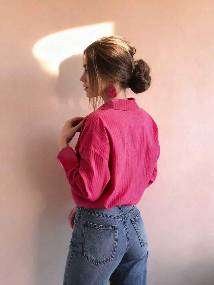 Camisa de mujer talla grande elegante y casual de rayas rosas con botones metálicos con forma de corazón, abrigo casual de otoño/invierno, casual de negocios - Rosa Fucsia - Añade 5