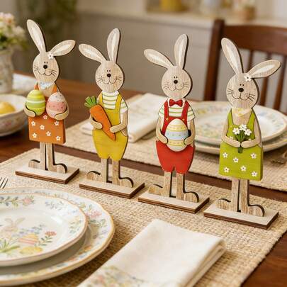 4pcs Vintage Wooden Easter Decorative Signs, Thanksgiving, Party Decor, Perfect Holiday Gift, Home Decor, Garden Farmhouse Decoration, Retro Easter Wooden Decorative Signs And Ornaments | Retro Home Decor, Colorful Rabbits, Perfect Holiday Gift, Suitable For Living Room, Bedroom, Office Desk Display, Tabletop 3D Decor, Decorative Plaque And Sign