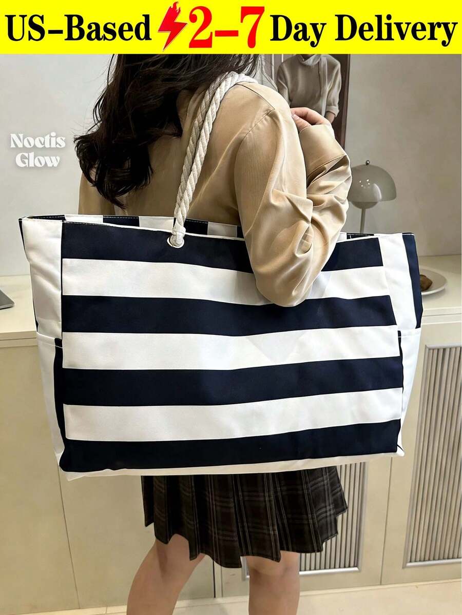 Women's Waterproof Beach Tote Bag Set With Zipper, Waterproof & Sandproof Design, Random Striped Pattern, Large Capacity For Swimming Pool, School, Travel, Work, Holiday, Shopping.Simple And Elegant Design, The Perfect Gift Choice. - 彩色 - 查看 1