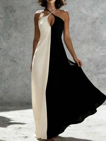 Women's Spring/Summer Halter Dress, Fashionable Black & White Color Block, Criss-Cross V-Neck Design, Flared Maxi Skirt, Sexy Fitted Party Gown Elegant