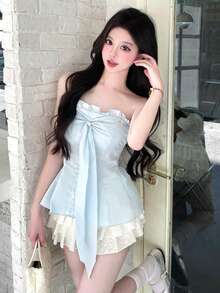 Sexy Blue Bowknot Strap Camisole Tank Top, Waist Cinching Slim Fit Tube Top For Summer - Blue - View 3