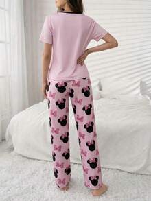Disney 米妮印花睡衣套装，卡通印花女士短袖长裤睡衣套装 - 彩色 - 查看 2