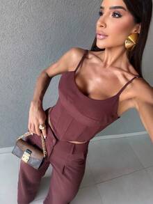 Women's Set: Cropped Blouse + Wide-Leg Pants. Árboa Elegance. - Chocolate Brown - View 1