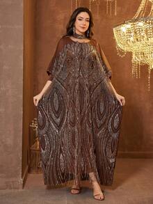 SUPGIR Women's Mandarin Collar Long Sleeve Handmade Rhinestone Satin Evening Dress - Brown - View 6