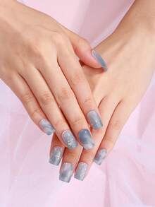 20pcs Spring/Summer Gradient Semi-Cured Gel Nail Strips, Grey Glitter Cool Style UV Gel Nail Wraps, Salon-Quality, Easy Application Perfect For Women's Office, Date, Casual, Or Home DIY Manicures. - Dusty Blue - View 4