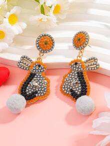 2Pairs Handmade Easter Bunny Seed Bead Dangle Earrings Set For Women, Glittery Rhinestone Grey-Orange & Pink-White Rabbit Drop Earrings With Pom Pom, Daily Party Vacation Easter Gift - Multicolor - View 4
