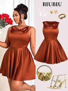 BIUBIU Đầm dệt kim cổ bẻ kẻ sọc mùa xuân cho nữ cỡ lớn, đầm bầu mùa thu/đông cỡ lớn, đầm đen thanh lịch cỡ lớn, đầm dài tay mùa thu/đông cỡ lớn, đầm bầu. - Nâu đỏ - Xem 1