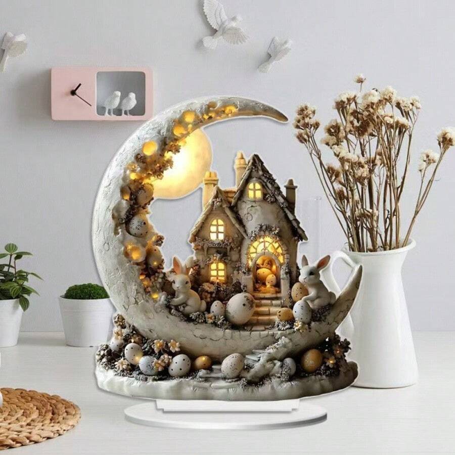 2D Acrylic Decorative Items, Moon Shaped Decor, Rustic Style Night Light, Easter Bunny Decor, Centerpiece Decoration, Glowing LED Light, Fairy Tale Home Decor, Aesthetic Room Decoration, Holiday Gift Ideas