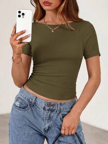 Fall New Arrival Women's Long-Sleeve Top Crop-Top Style Casual Outerwear Boat Neck With Bell Sleeves Ribbed Pleated Design Millennial-Inspired Fashion - Xanh quân đội - Xem 3