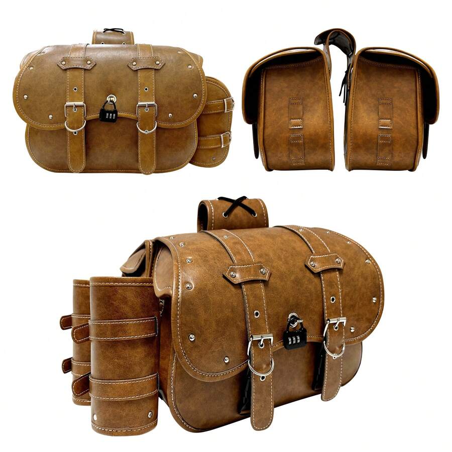 2pcs Brown Motorcycle Side Bags, Large Capacity Saddle Bags, Suitable For Various Motorcycle Models, Strap Design PU Tail Seat Bags, Outdoor Travel Equipment Tail Box Hanging Bags, Retro Tool Bags - Multicolor - View 1