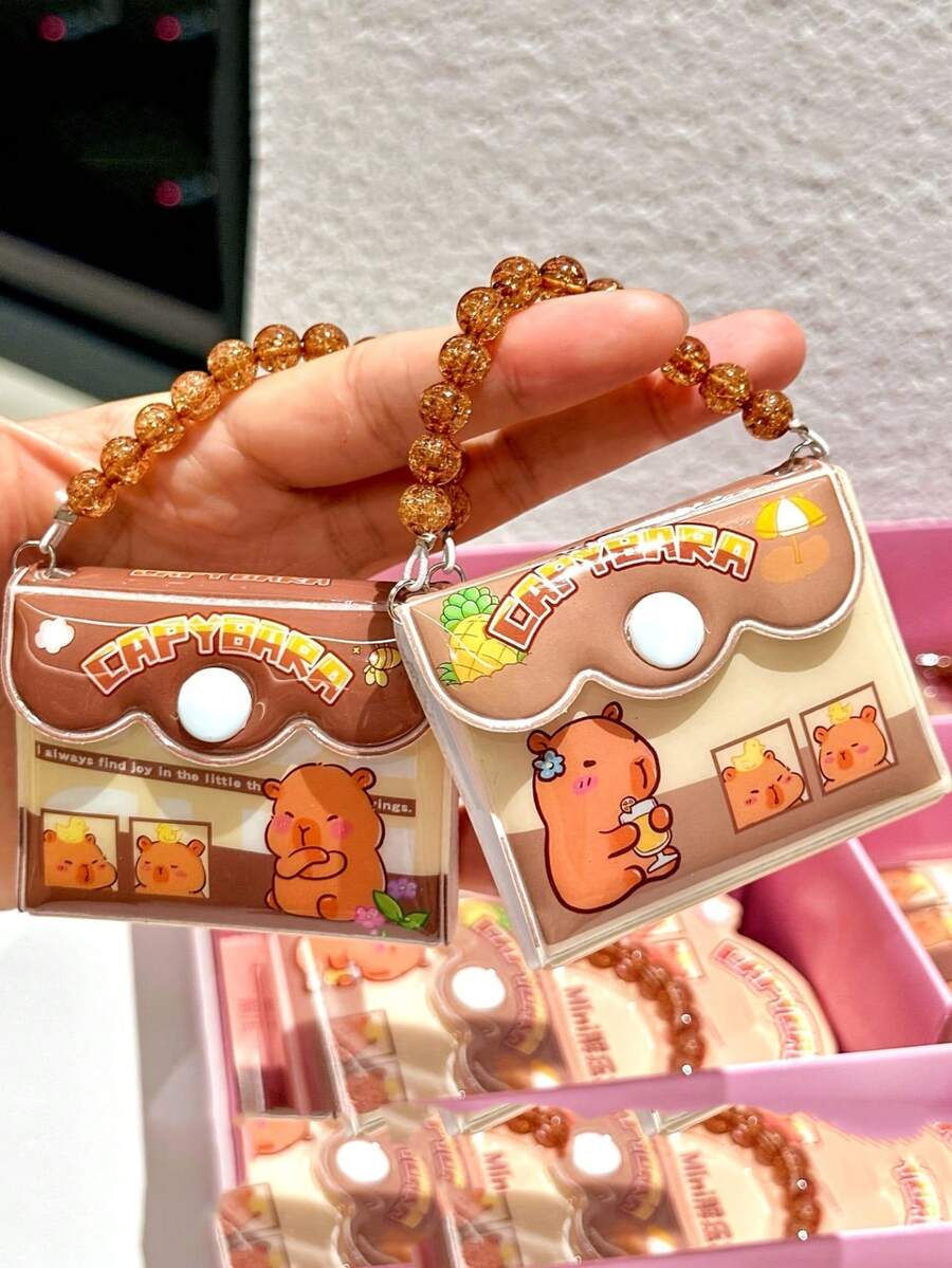 1 pieza Libreta de bolsillo mini linda de Capibara con cadena de cuentas, libreta de notas portátil con dibujos animados, diario pequeño e interesante - Multicolor - Ver 1