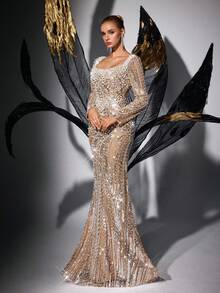 Elisanya Elegant Women's Long Formal Dress, Square Neck Long Sleeve, Decorated With Pearl Beads And Sequins, Fishtail Hem, Woven Fabric Evening Gown Party - Champagne - View 5