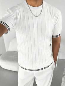 GRDR 男士竖条纹针织短袖T恤 - 时尚百搭休闲T恤 - 白色 - 查看 2