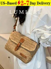 Vintage Fashion Large Capacity Woven Tote Bag, Beach Vacation Straw Shoulder Crossbody Bag , Summer - 卡其色 - 查看 1