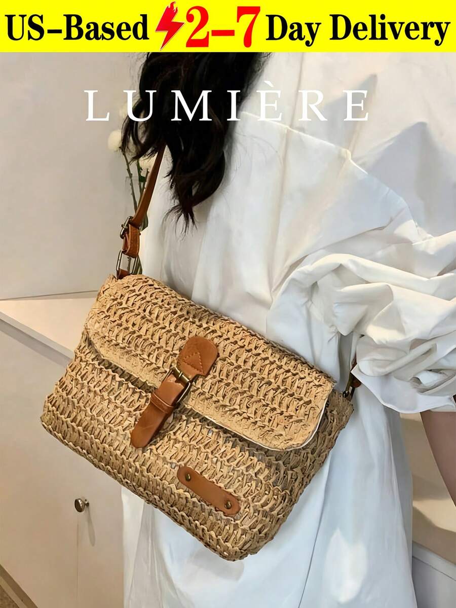 Vintage Fashion Large Capacity Woven Tote Bag, Beach Vacation Straw Shoulder Crossbody Bag , Summer - 卡其色 - 查看 1