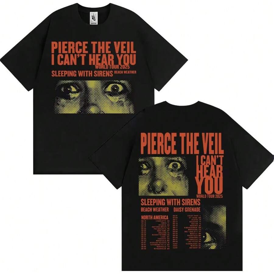 Fashion Hip-Hop Rock Music T-Shirt For Men Retro T-Shirt Pierce Veil I Can't Hear You Tour 2025 Merch T-Shirt Y2k Top - màu đen - Xem 1