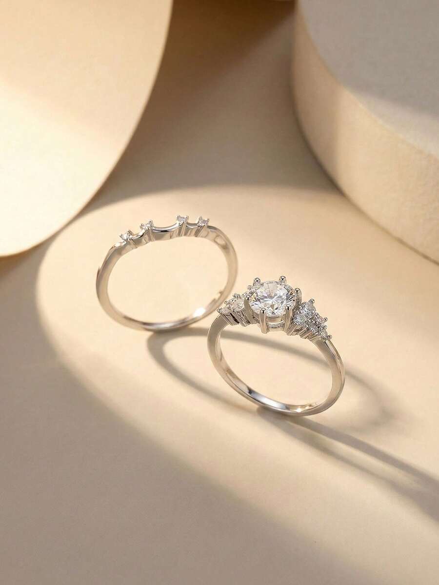 2 piezas Juego de anillos de circonita cúbica elegante, joyería de alta gama para bodas, fiestas y banquetes de mujeres, hecho de material de cobre que resiste el desvanecimiento y las alergias, regalo ideal para días festivos - Plateado - Ver 1