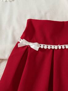 Girls' Casual Outgoing Fashion Solid Color Ruffle Decor Bow Design Drop Shoulder Short Sleeve Top And Elastic Waist Bow Pleated Mini Skirt Set, Summer - Red - View 8