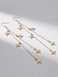 1Pair Minimalist Golden Little Stars Drop Dangle Long Earrings Women Celestial Jewelry- Perfect Party Gift - Suitable For Daily Wear - Yellow Gold - View 3