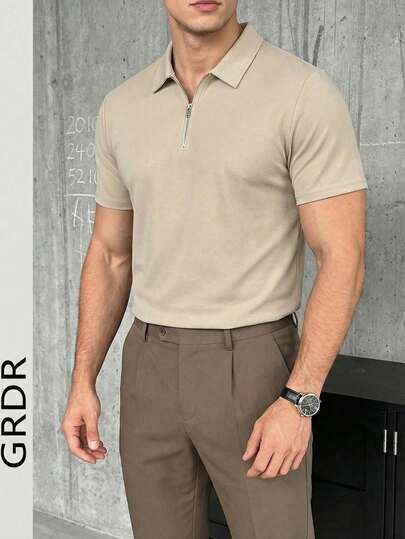  Camiseta de manga corta con cuello de cremallera casual de verano para hombres GRDR