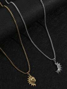 2pcs/Set Kalung Liontin Matahari & Bulan Pasangan Vintage, Perhiasan Gaya Punk Hip-Hop Gothic, Hadiah untuk Pria & Wanita - MultiWarna - View 4