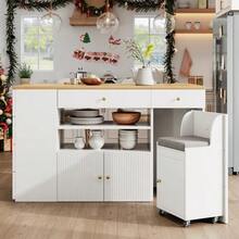 Kitchen Island, Sideboard With Bar Stools, 6-Drawer Kitchen Unit With Stools, Adjustable Width 140 X 40 (70) X 89 Cm, White/Black - White - View 1