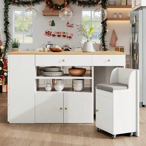 Kitchen Island, Sideboard With Bar Stools, 6-Drawer Kitchen Unit With Stools, Adjustable Width 140 X 40 (70) X 89 Cm, White/Black - White - View 1