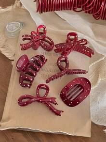 1个/6个/8个纯色休闲ABS塑料波点发夹，优雅红色发爪，适合盘发，2026新款发爪发饰时尚发夹，优雅发饰 - 彩色 - 查看 3