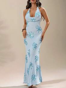 女士露背海星亮片连衣裙，优雅波西米亚性感针织面料露背连衣裙，适合海滩、度假、晚宴约会、节日、生日派对等场合 - 淺色水洗藍 - 查看 5