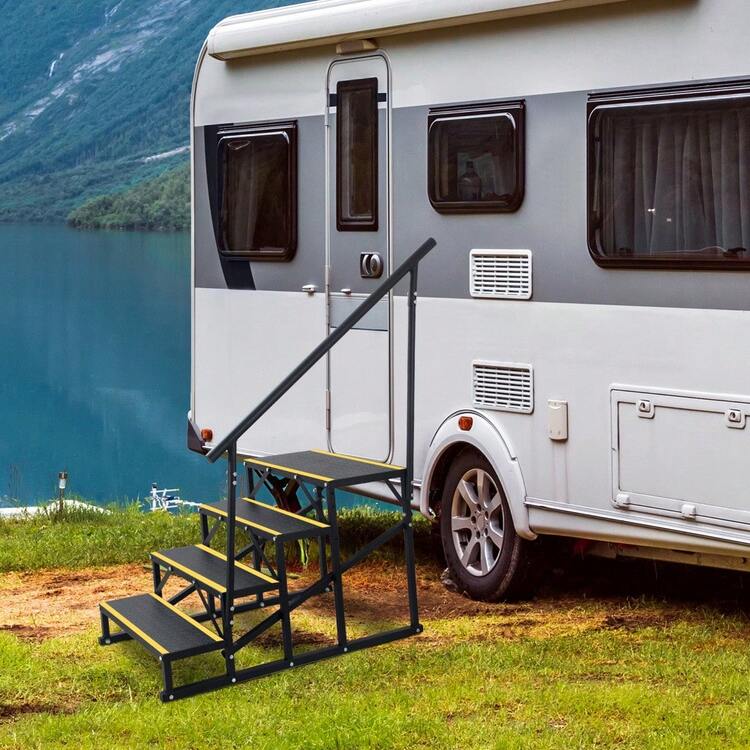 Escaleras para autocaravanas de 2, 3 o 4 escalones con pasamanos, de acero para exteriores con peldaños antideslizantes, capacidad de carga de 180 kg, con pasamanos simple. - 4 pasos negros - Añade 7