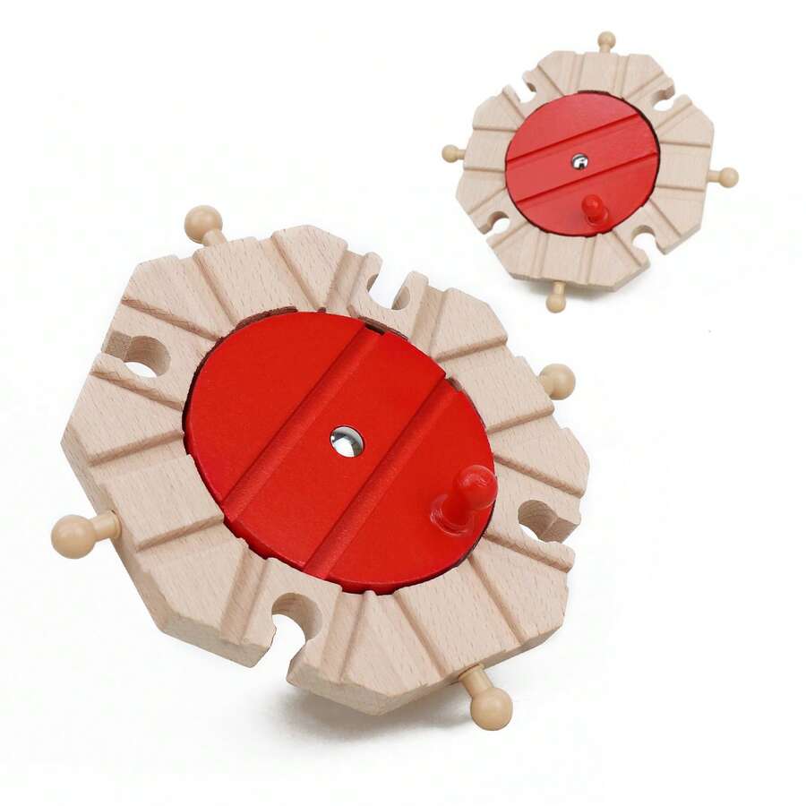 2个木制火车轨道转盘，带旋转红色圆盘 - 为轨道组装增添乐趣和方向控制 - 兼容木制火车轨道玩具 - 彩色 - 查看 1