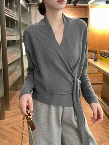 Grey V-Neck Tie-Waist Knit Sweater, Slim Fit Long Sleeve Top, Autumn/Winter New Arrival - Grey - View 3