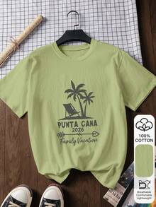 女士100%纯棉休闲度假日常通勤热带字母印花短袖T恤，夏季 - 淺綠色 - 查看 1